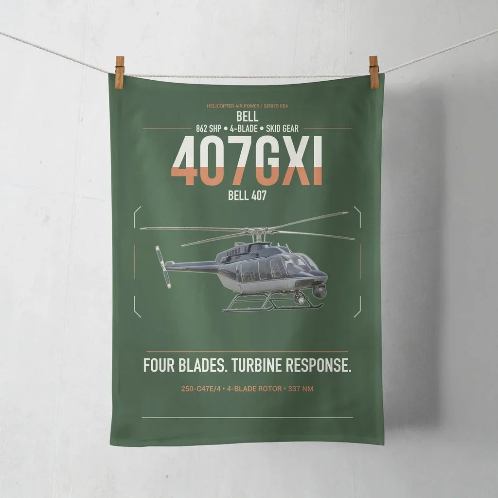 Bell 407GXi design on dark green towel