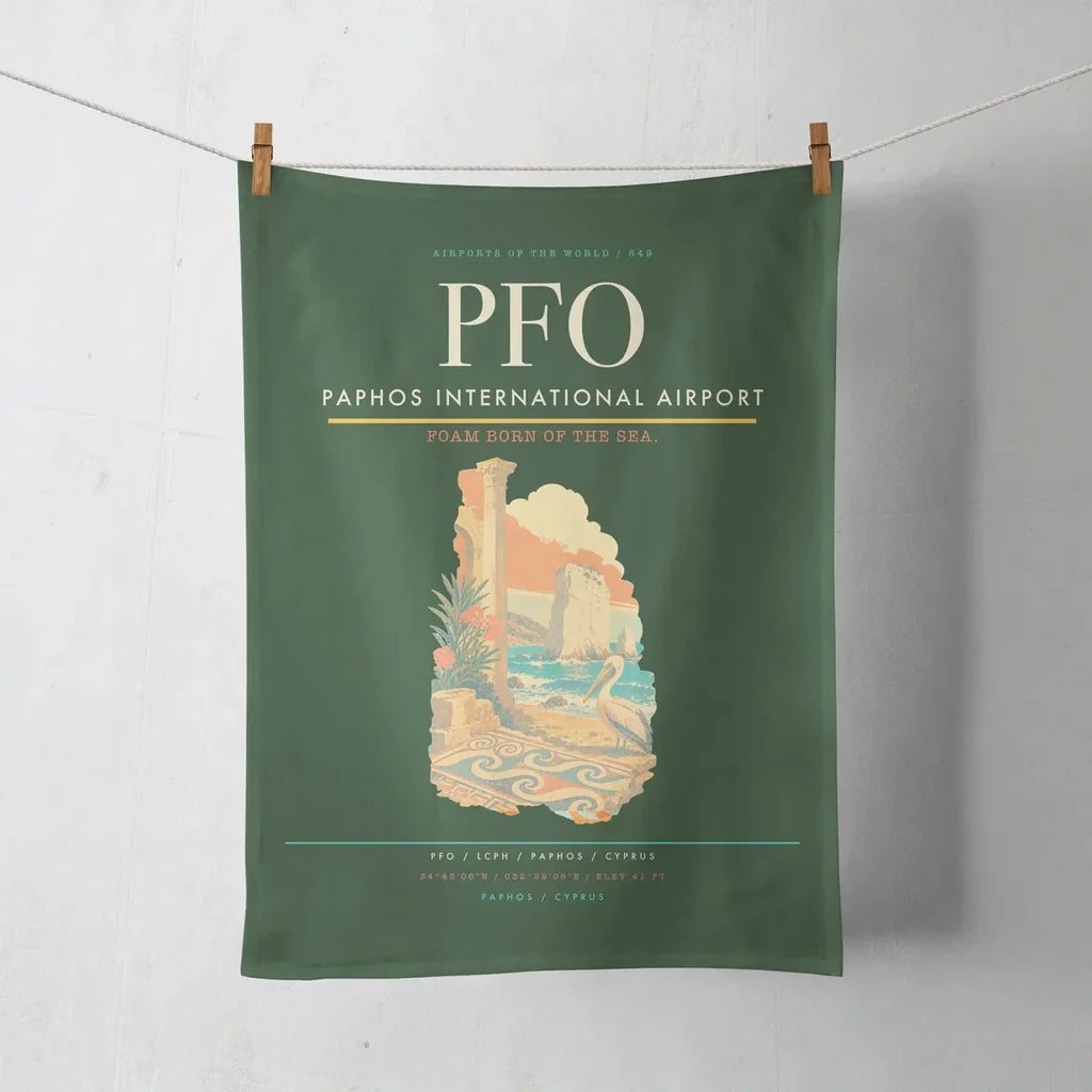 Paphos International Airport (PFO) design on dark green towel