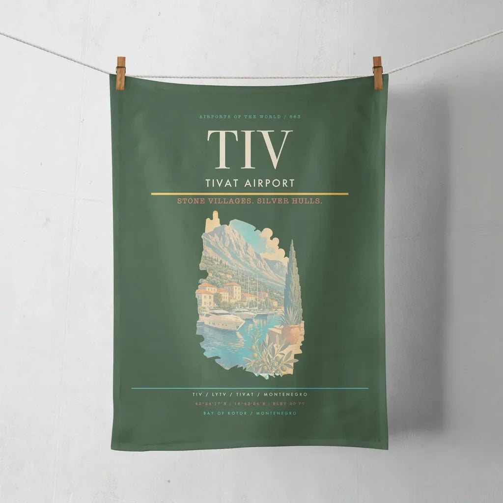Tivat Airport (TIV) design on dark green towel