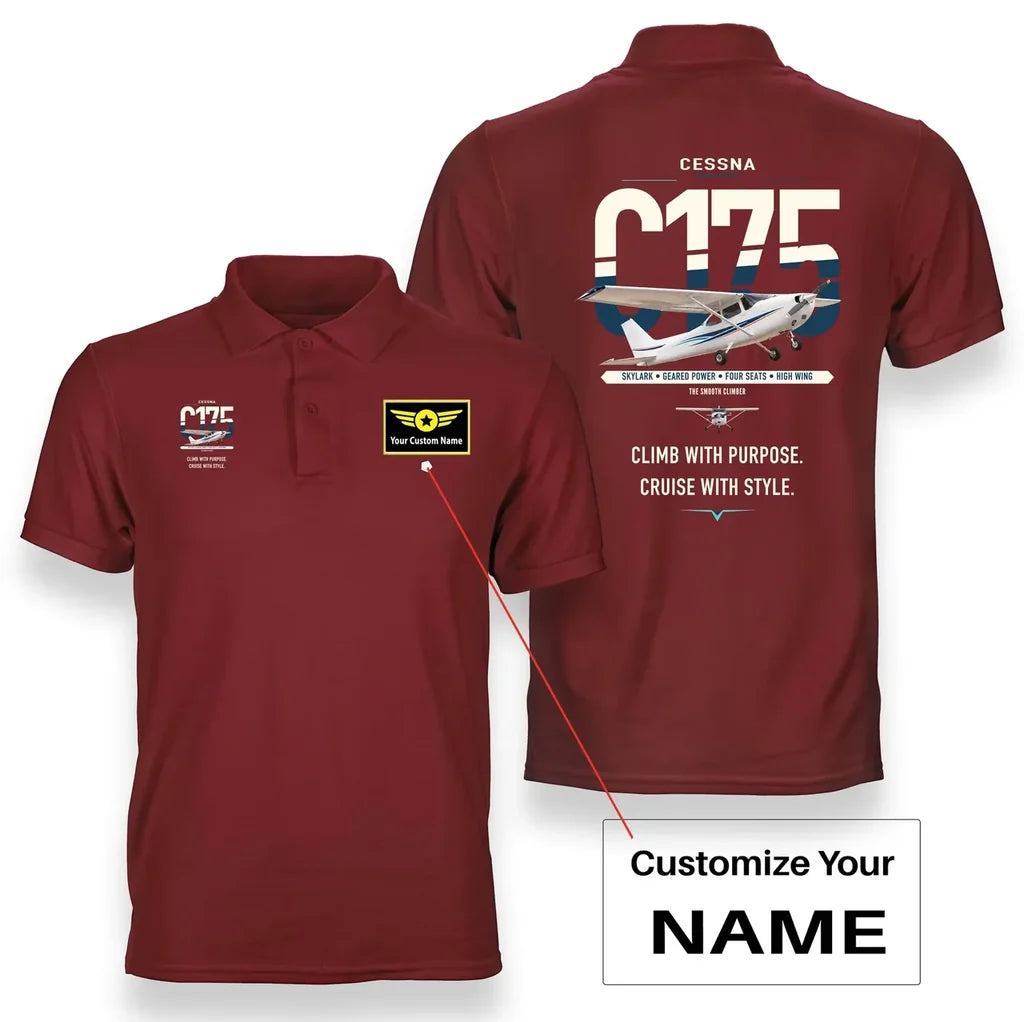 Cessna 175 Skylark design on red+name double-side polo t-shirt, double-side print