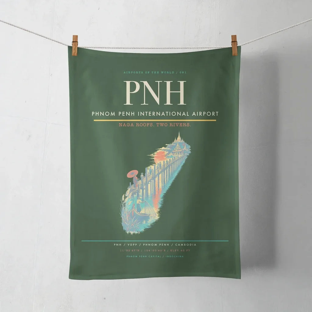 Phnom Penh International Airport (PNH) design on dark green towel