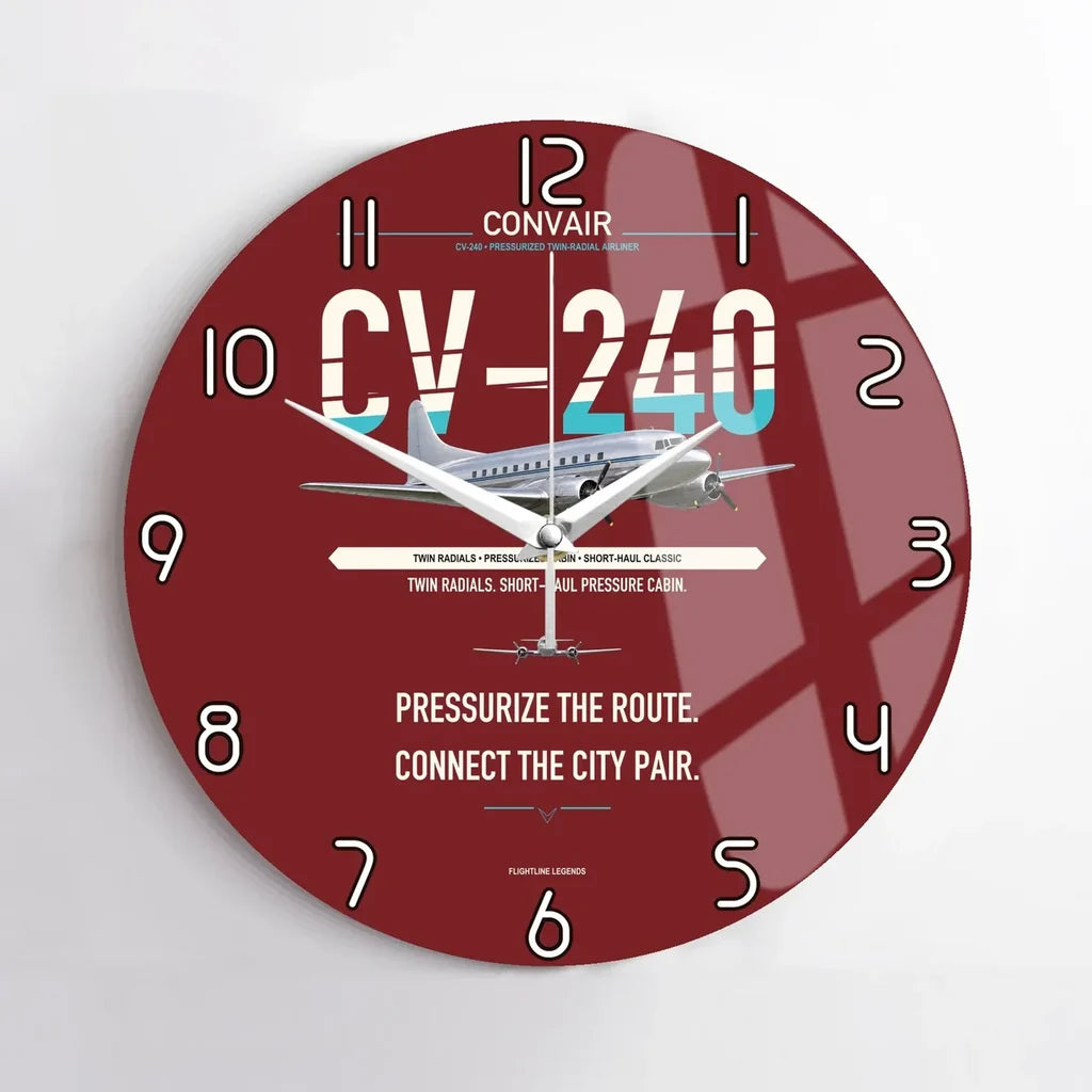 Convair CV-240 design on dark red no frame wall clock