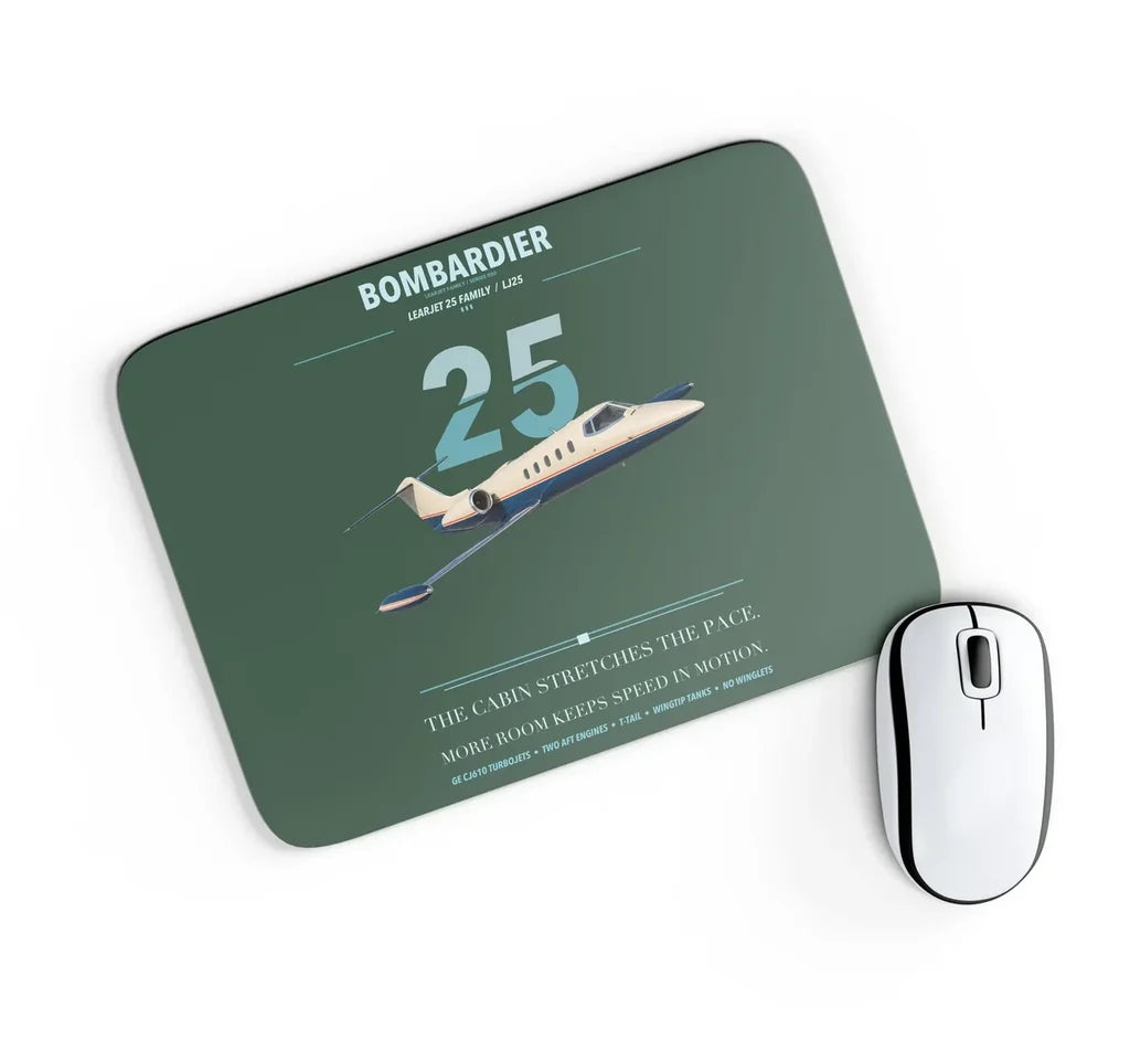 Bombardier Learjet 25 design on dark green rectangle mouse pad