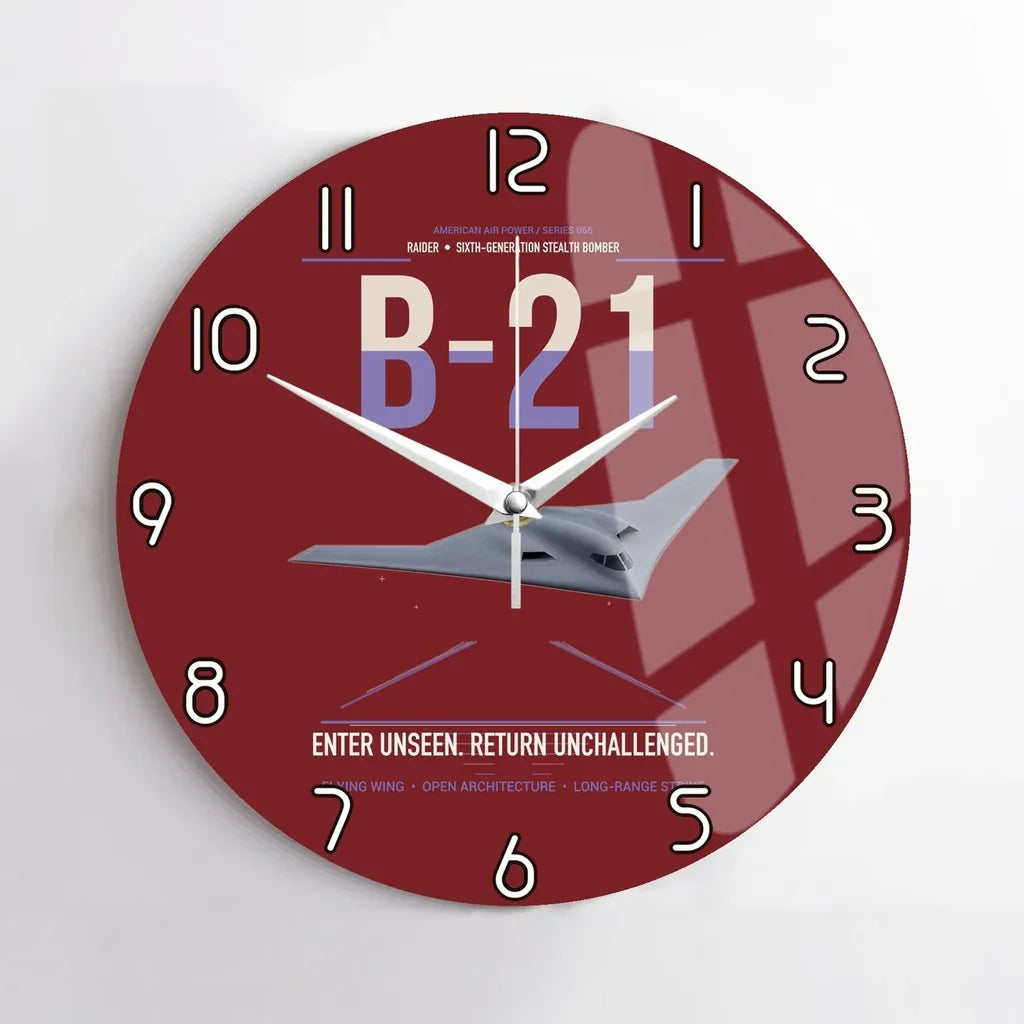 B-21 Raider design on dark red no frame wall clock
