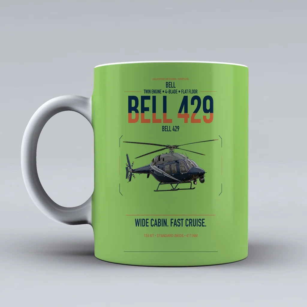 Bell 429 design on light green ceramic mug, double-side print