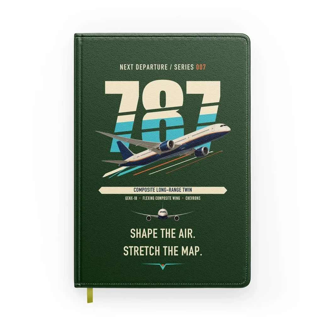 Boeing 787-9 Dreamliner design on dark green notebook