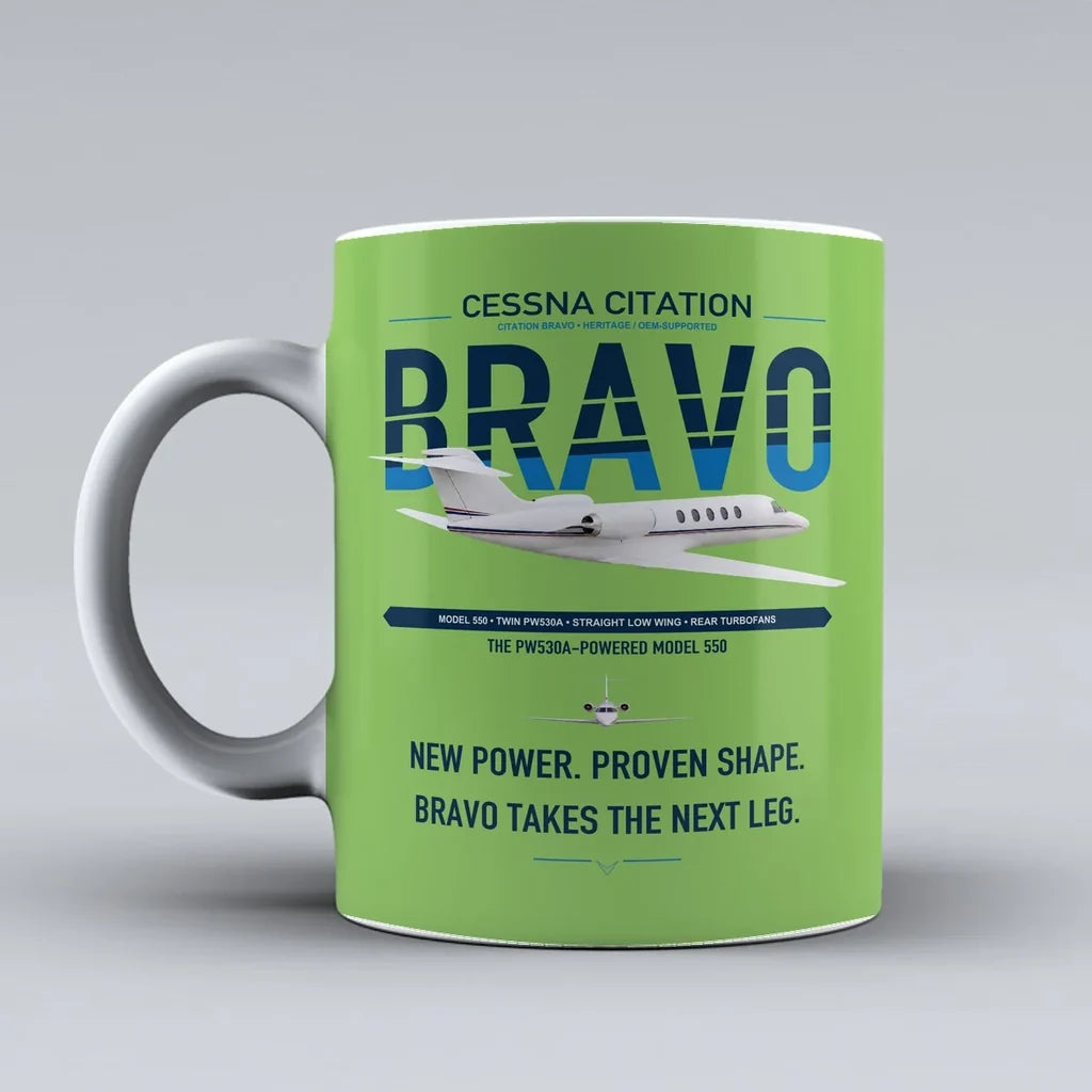 Cessna Citation Bravo design on light green ceramic mug, double-side print