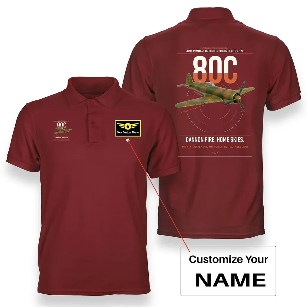 IAR 80C design on red+name double-side polo t-shirt, double-side print