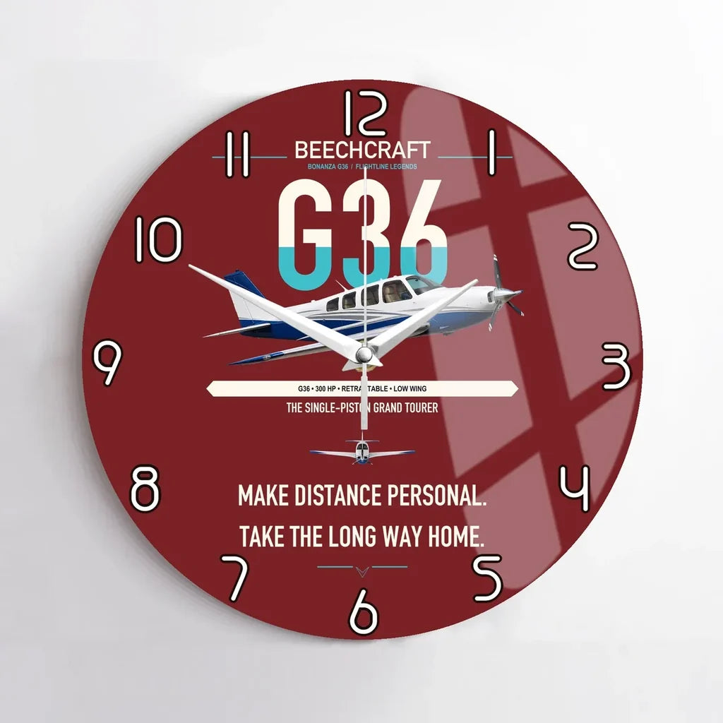 Beechcraft Bonanza G36 design on dark red no frame wall clock