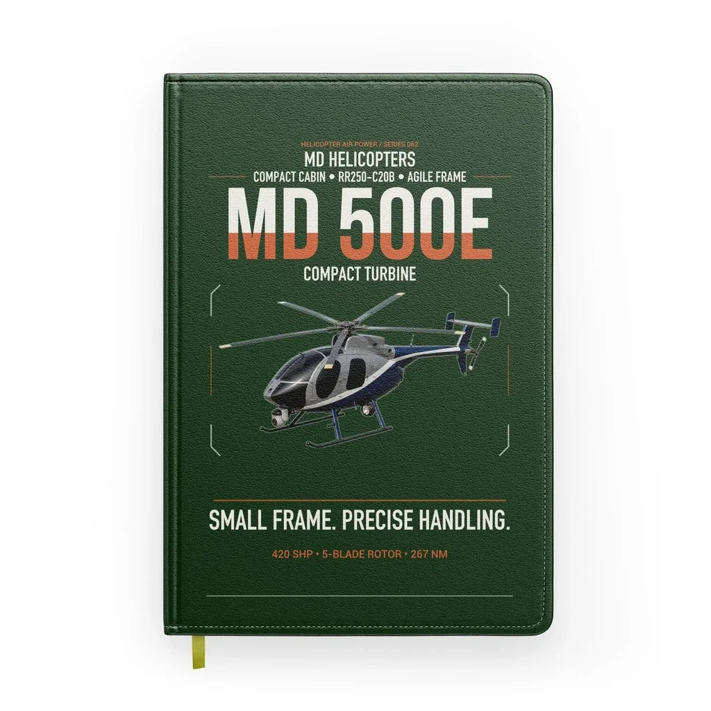 MD Helicopters MD 500E design on dark green notebook