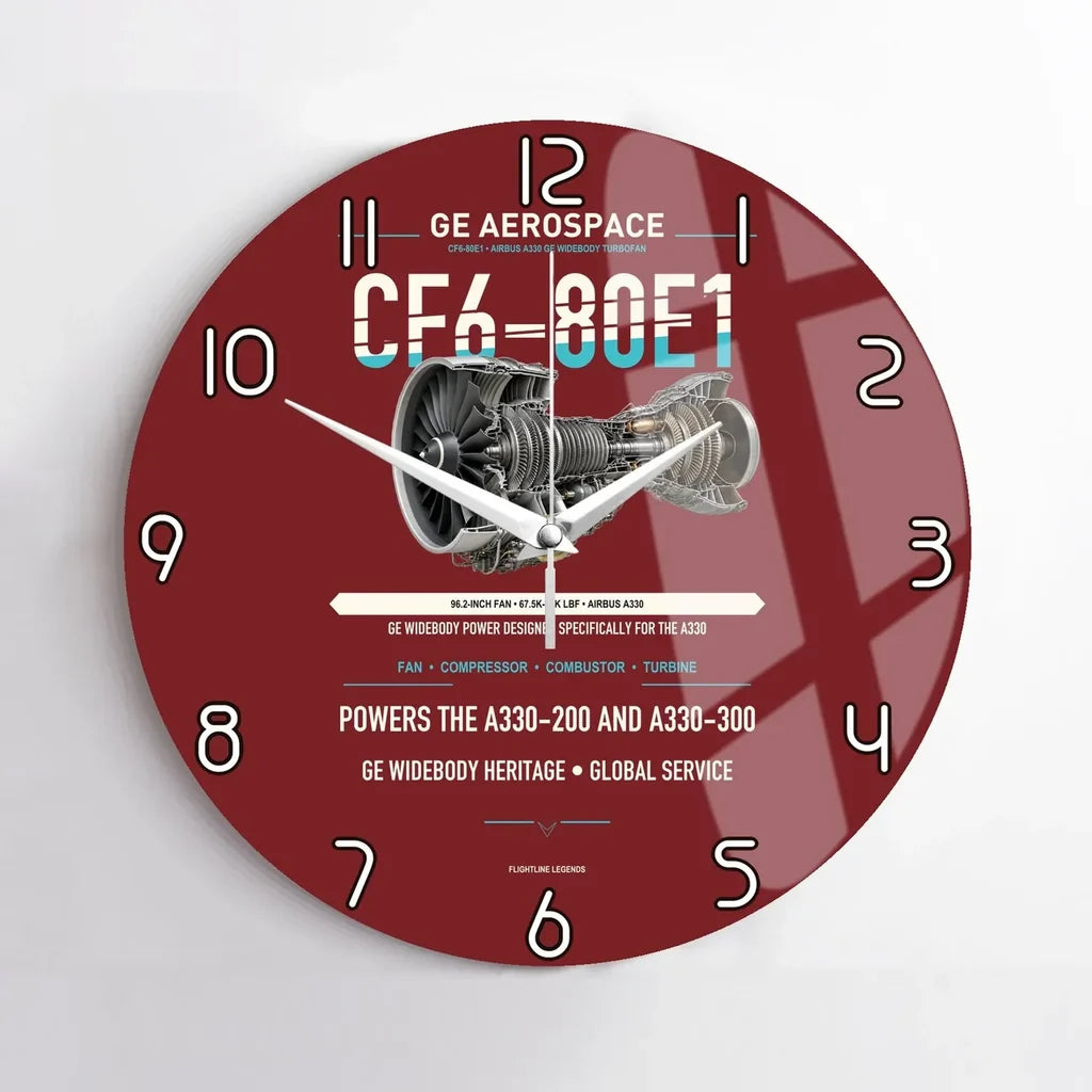 CF6-80E1 design on dark red no frame wall clock