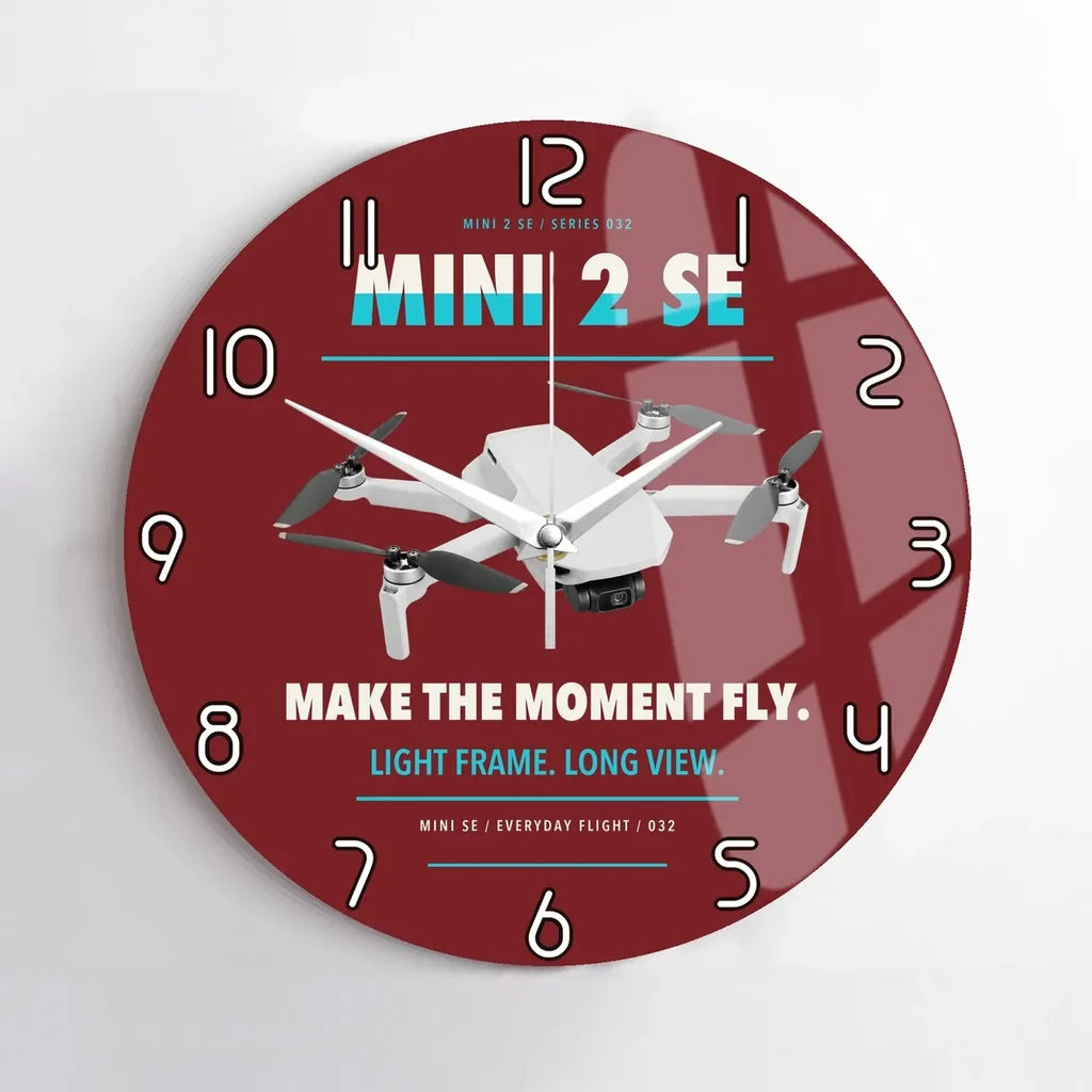 DJI Mini 2 SE design on dark red no frame wall clock