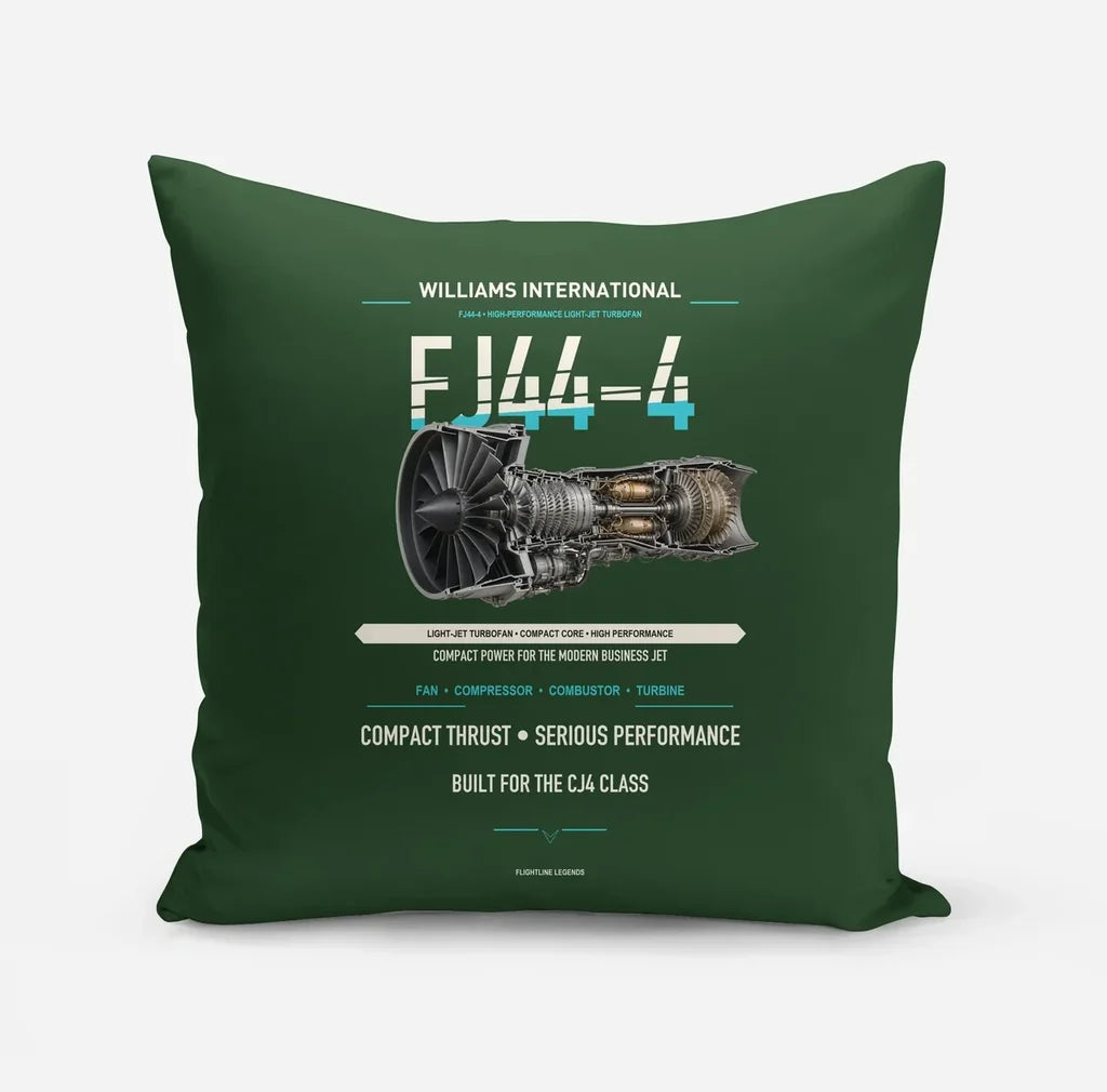 FJ44-4 design on dark green pillow