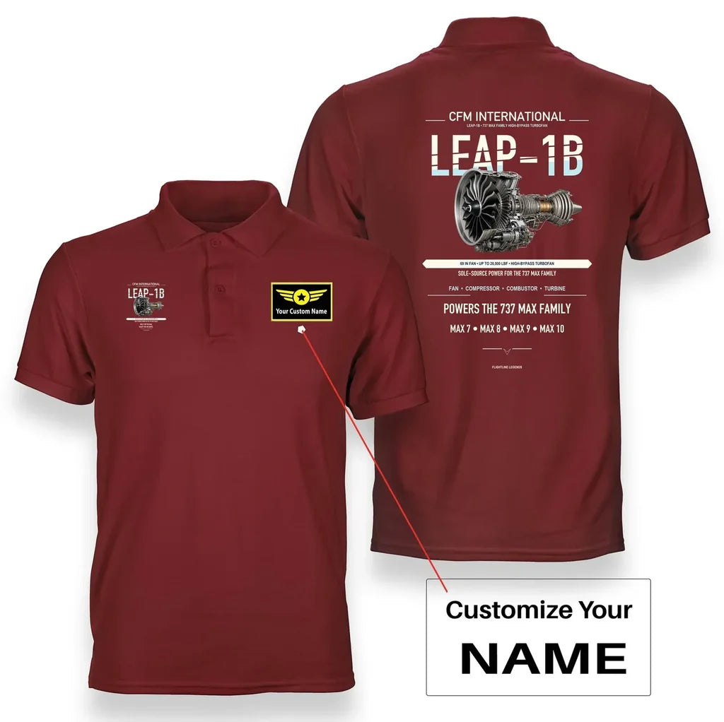 LEAP-1B design on red polo with custom name badge