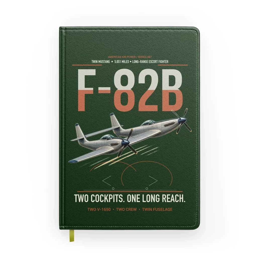 F-82B Twin Mustang design on dark green notebook