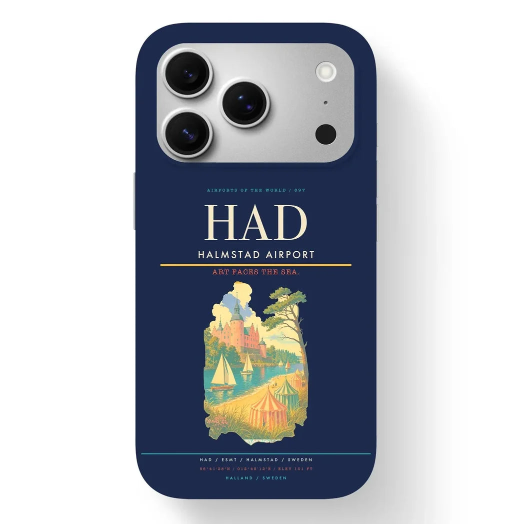 Halmstad Airport (HAD) design on navy blue iPhone 17 Pro MagSafe case