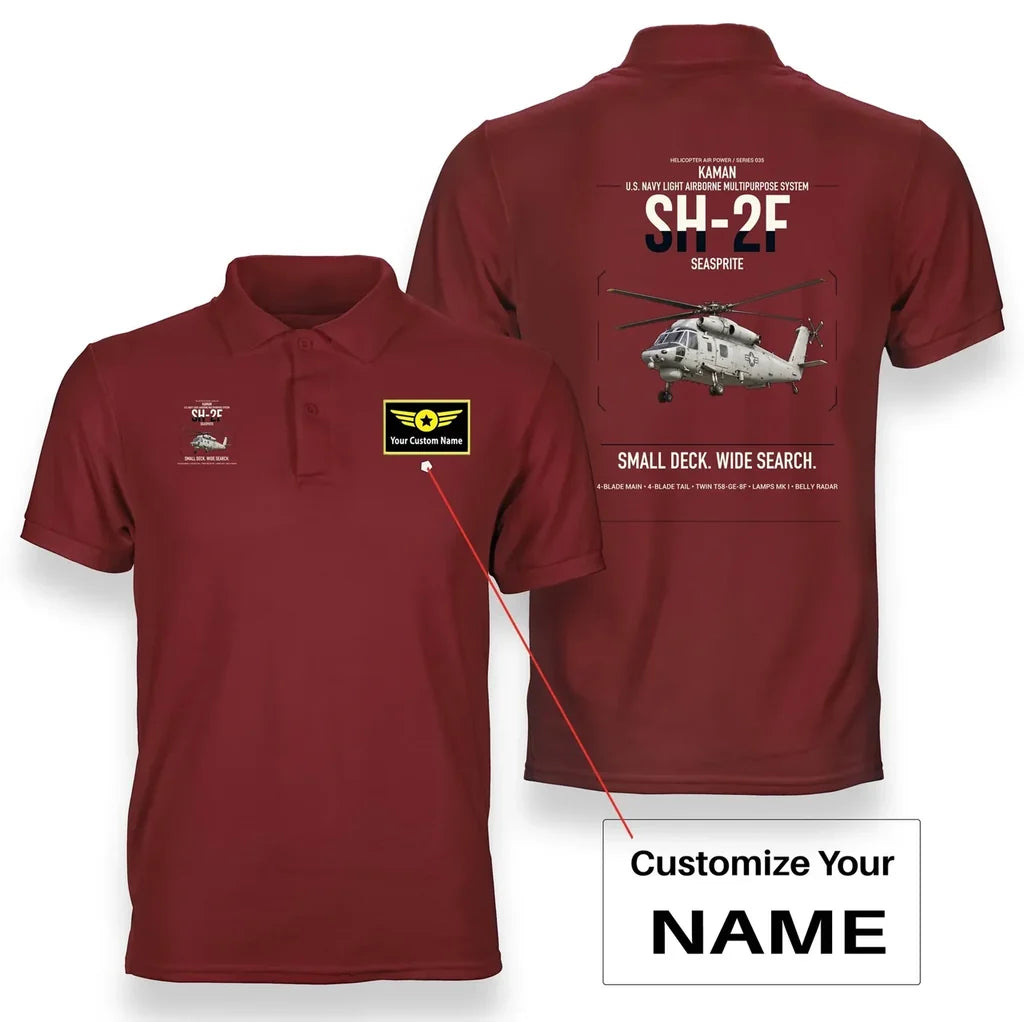 Kaman SH-2F Seasprite design on red+name double-side polo t-shirt, double-side print