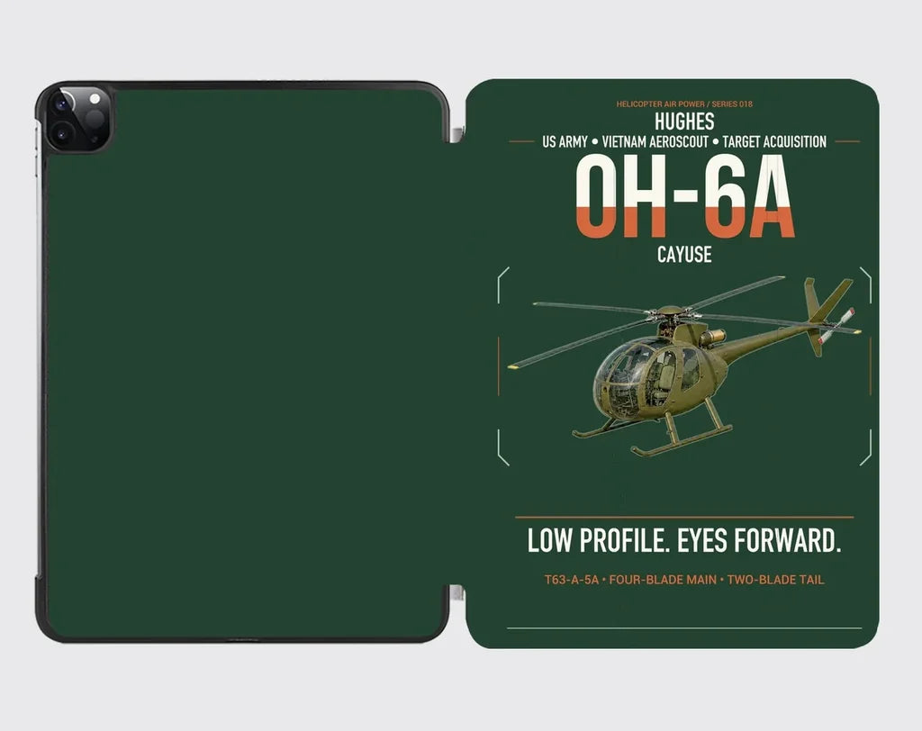 Hughes OH-6A Cayuse design on dark green ipad tablet case