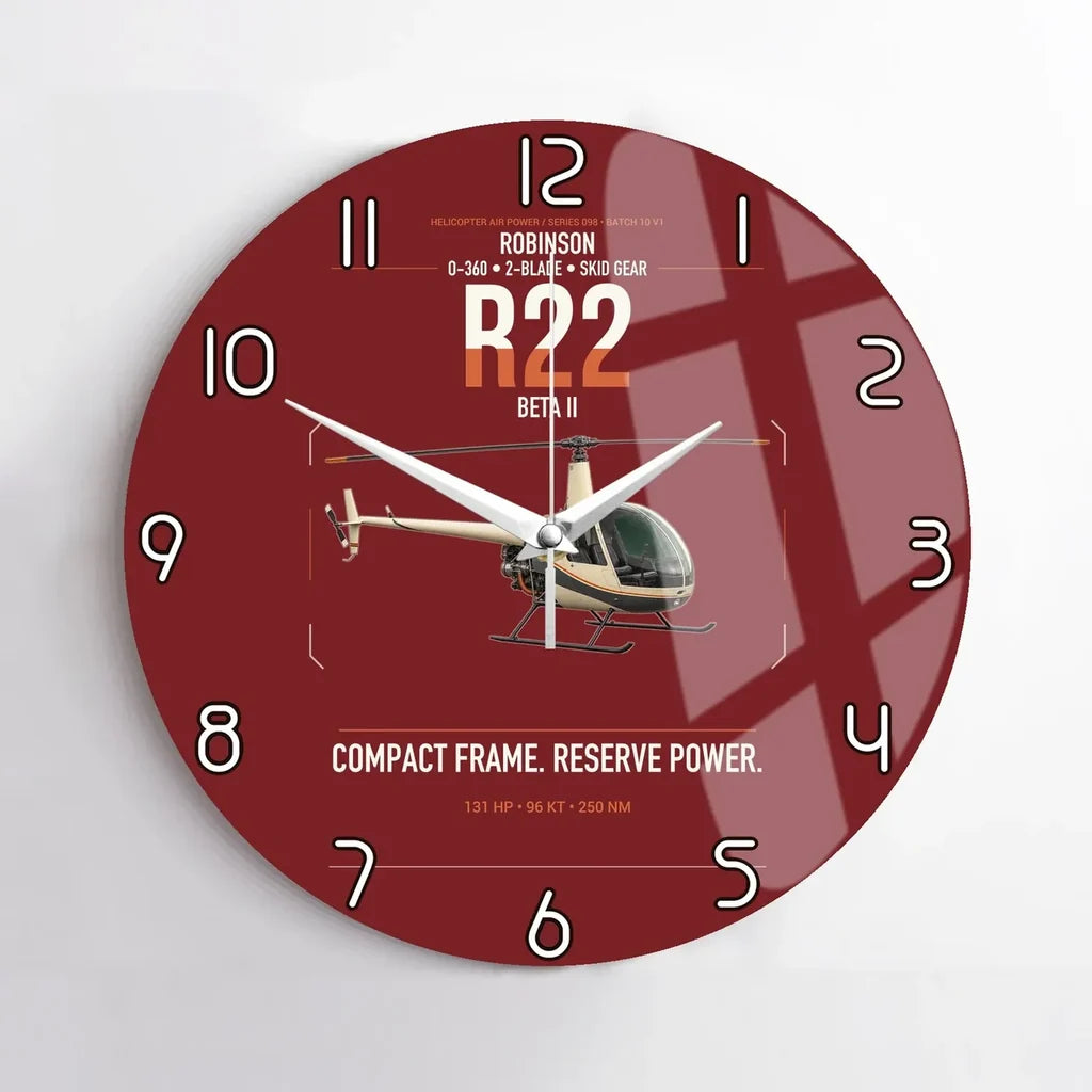 Robinson R22 Beta II design on dark red no frame wall clock