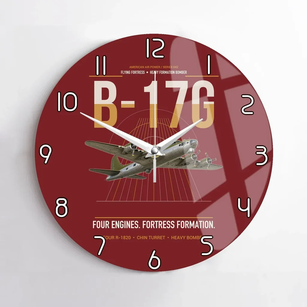 B-17G Flying Fortress design on dark red no frame wall clock