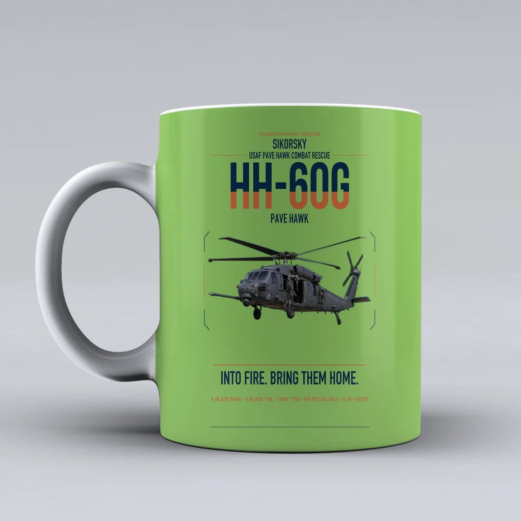 Sikorsky HH-60G Pave Hawk design on light green ceramic mug, double-side print