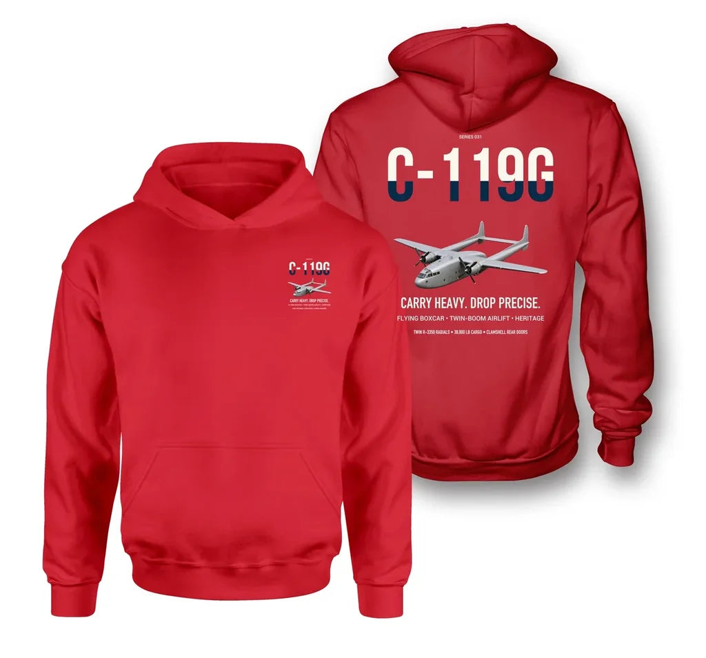 C-119G Flying Boxcar design on red double-side hoodie, double-side print