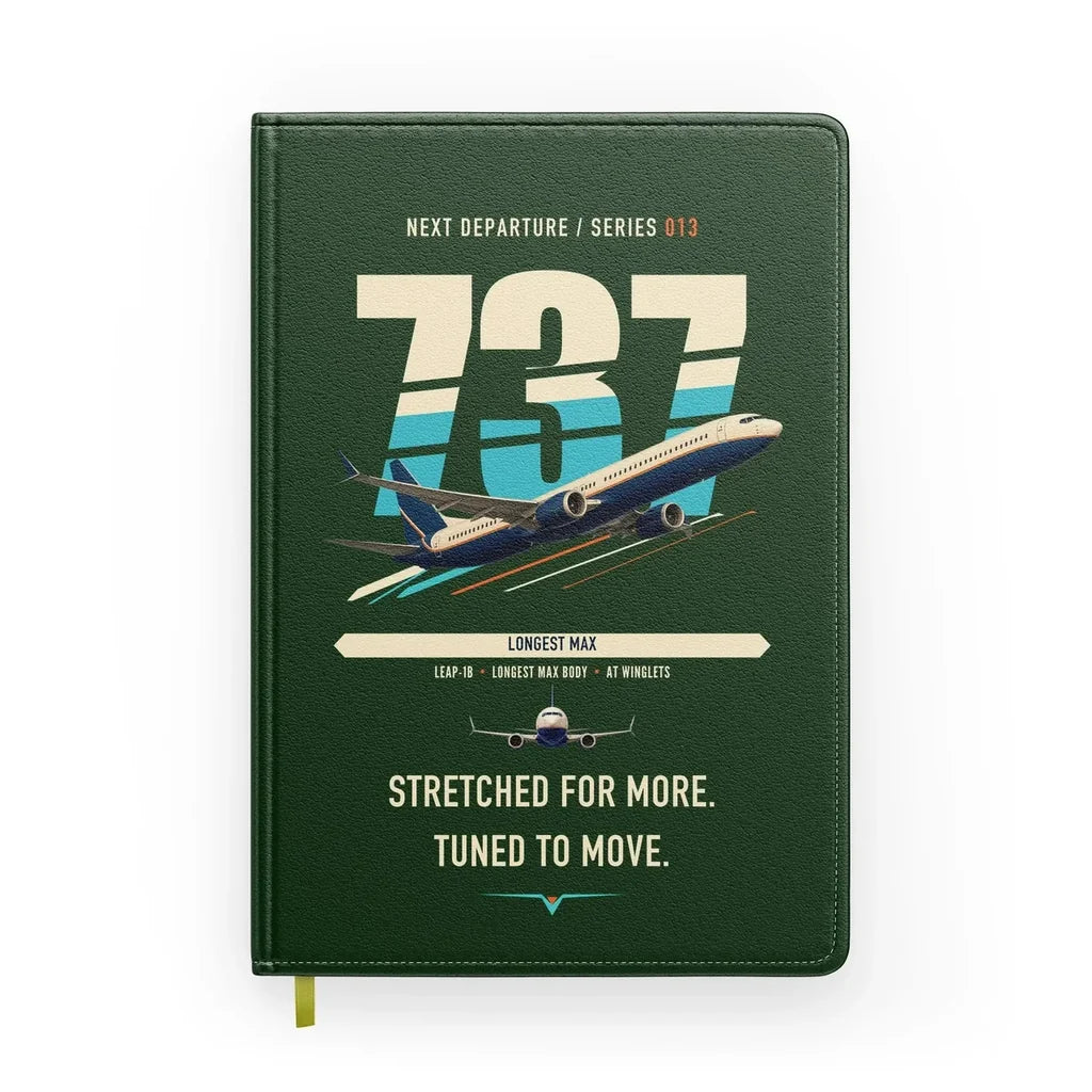 Boeing 737 MAX 10 design on dark green notebook