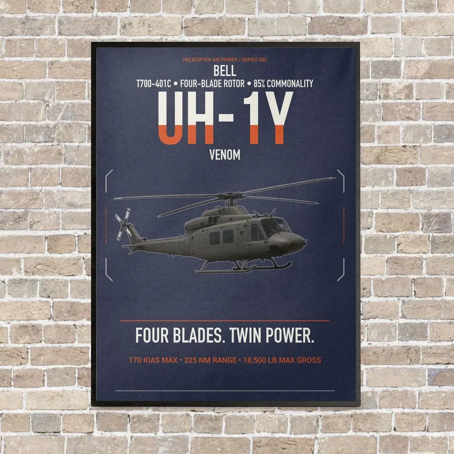 Bell UH-1Y Venom vertical canvas print - framed - navy blue background