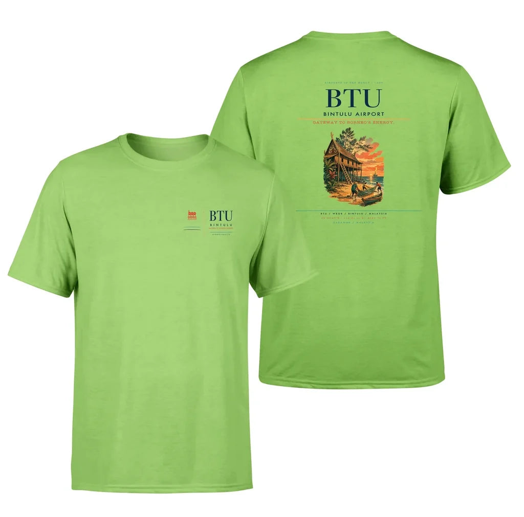 Bintulu Airport (BTU) design printed on light green double-side t-shirt