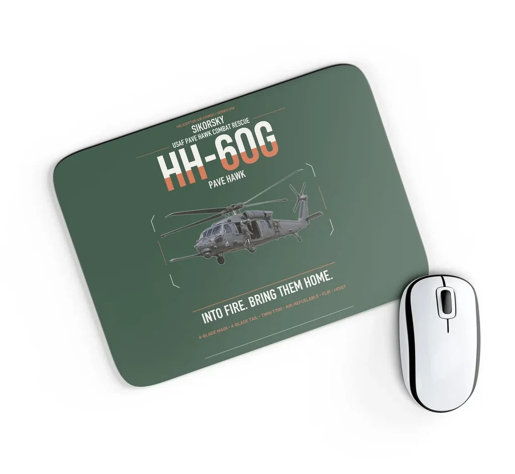 Sikorsky HH-60G Pave Hawk design on dark green rectangle mouse pad