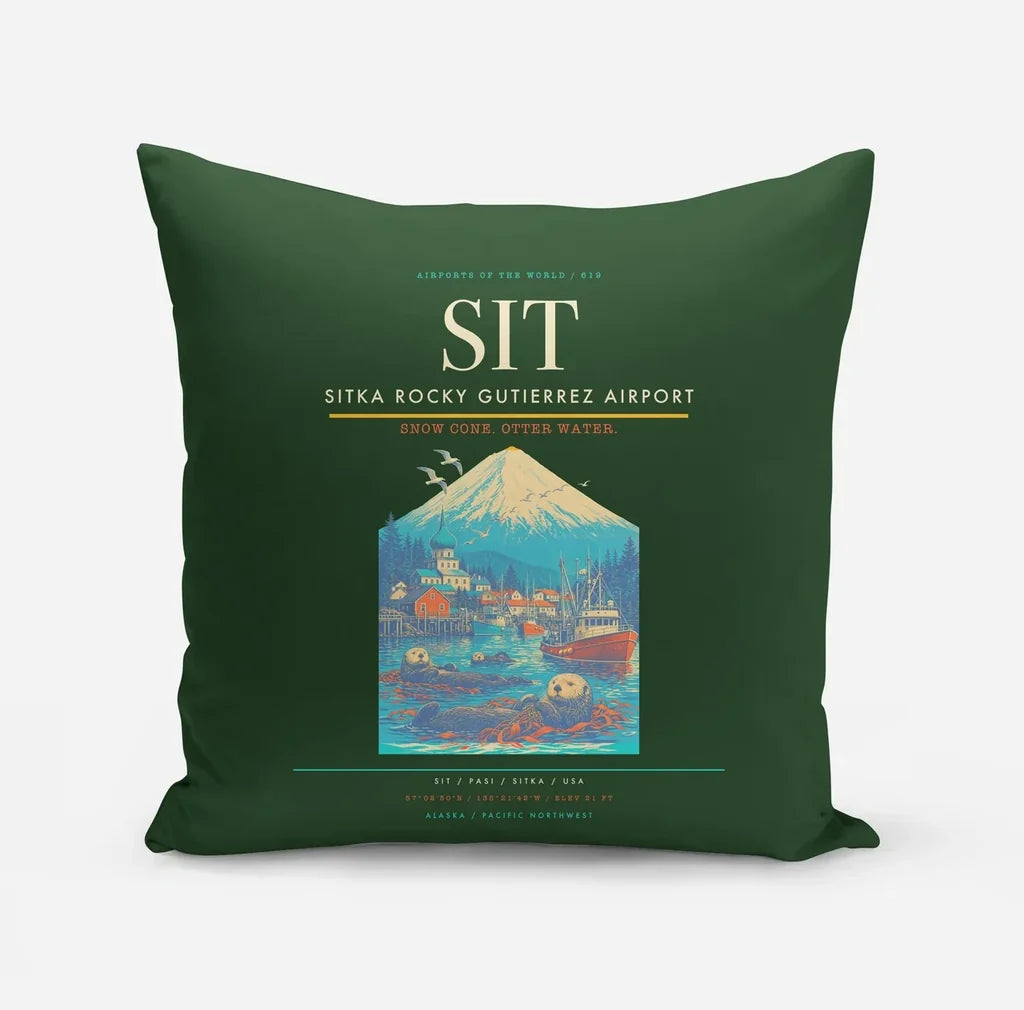 Sitka Rocky Gutierrez Airport (SIT) design on dark green pillow