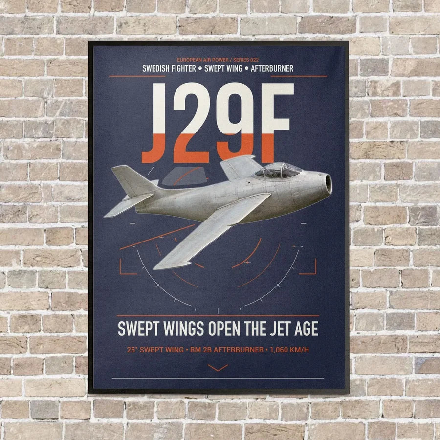 Saab J 29F Tunnan vertical canvas print - framed - navy blue background