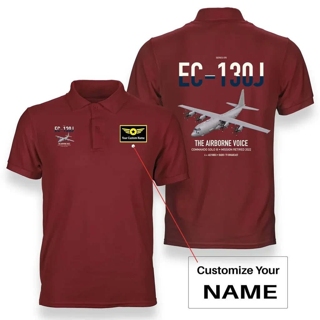 EC-130J Commando Solo III design on red+name double-side polo t-shirt, double-side print