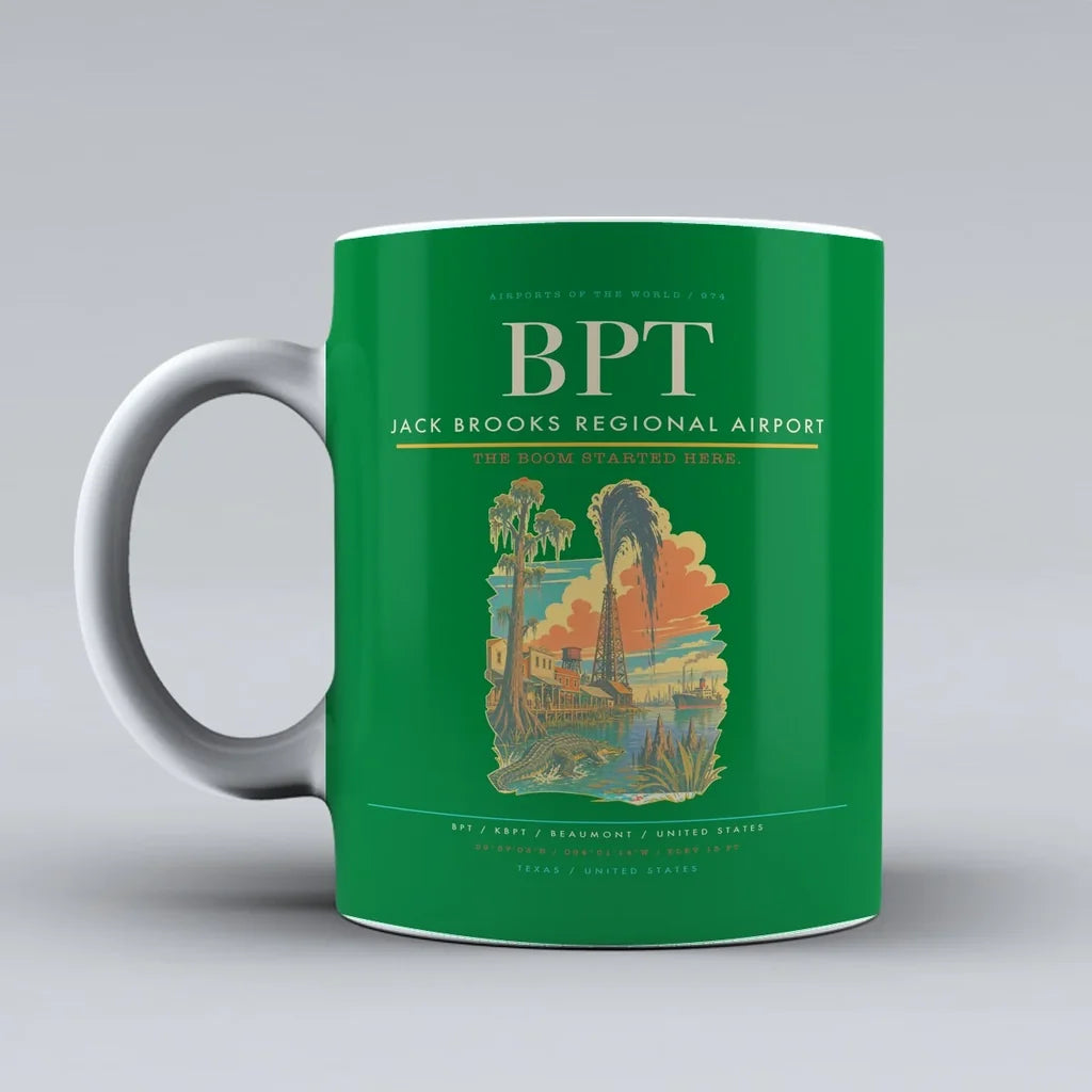 Jack Brooks Regional Airport (BPT) airport code design on green ceramic mug