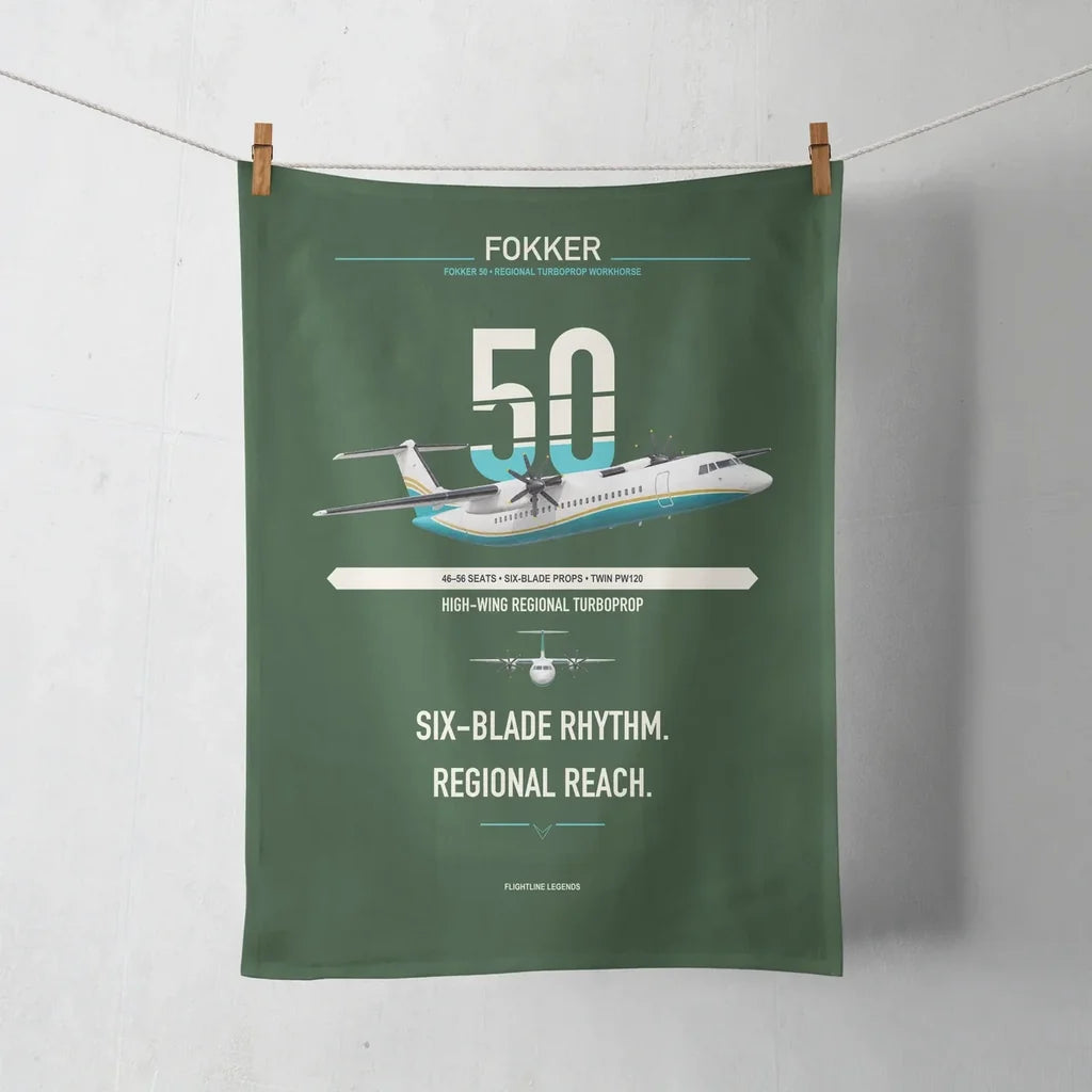 Fokker 50 design on dark green towel