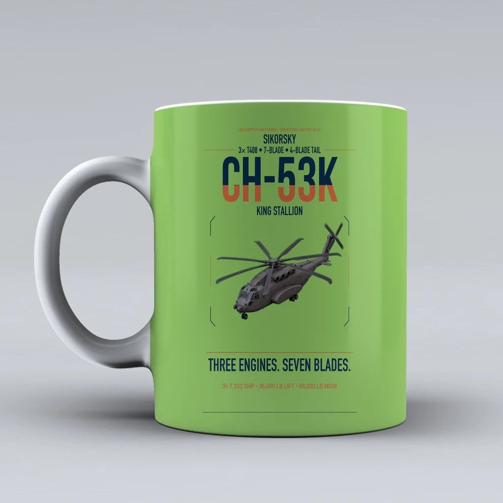 Sikorsky CH-53K King Stallion design on light green ceramic mug, double-side print