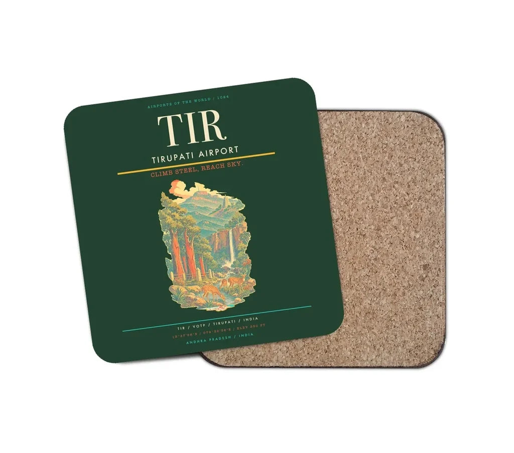 Tirupati Airport (TIR) design on dark green 1 piece coaster