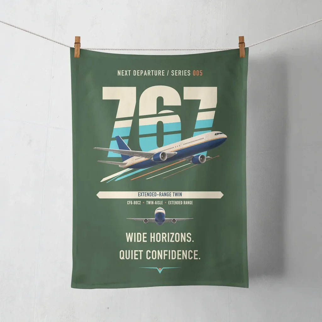 Boeing 767-300ER design on dark green towel