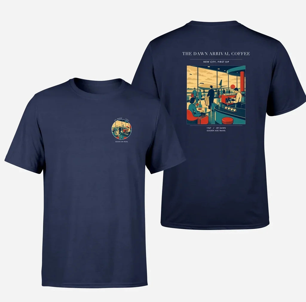 VINTAGE G4310 - The Dawn Arrival Coffee - Double-Side T-Shirt design on navyblue double side t shirt