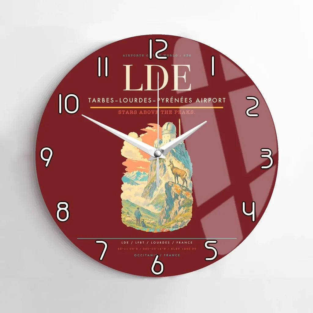 Tarbes–Lourdes–Pyrénées Airport (LDE) design on dark red no frame wall clock