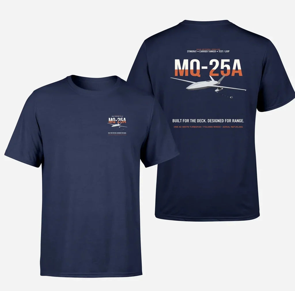 MQ-25A STINGRAY design on navy blue double-side t-shirt, double-side print