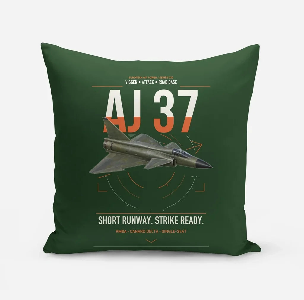 Saab AJ 37 Viggen design on dark green pillow