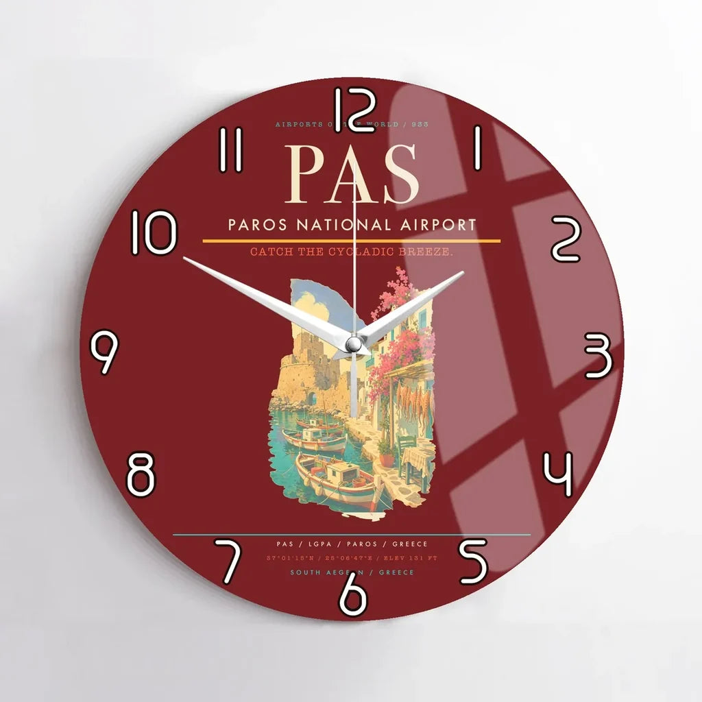 Paros National Airport (PAS) design on dark red no frame wall clock