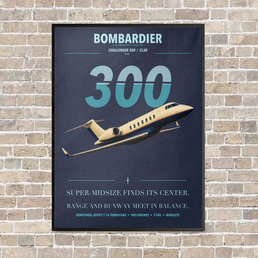 Bombardier Challenger 300 vertical canvas print - framed - navy blue background