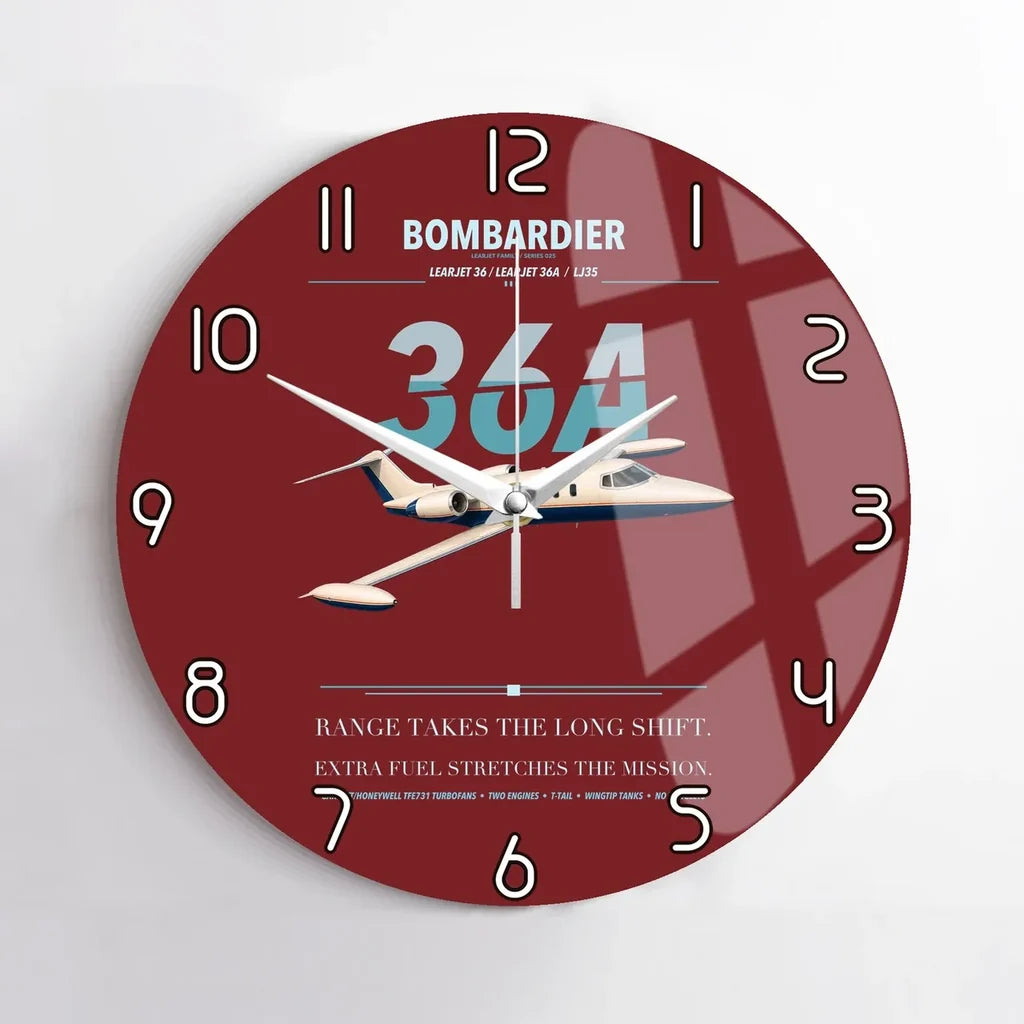 Bombardier Learjet 36A design on dark red no frame wall clock