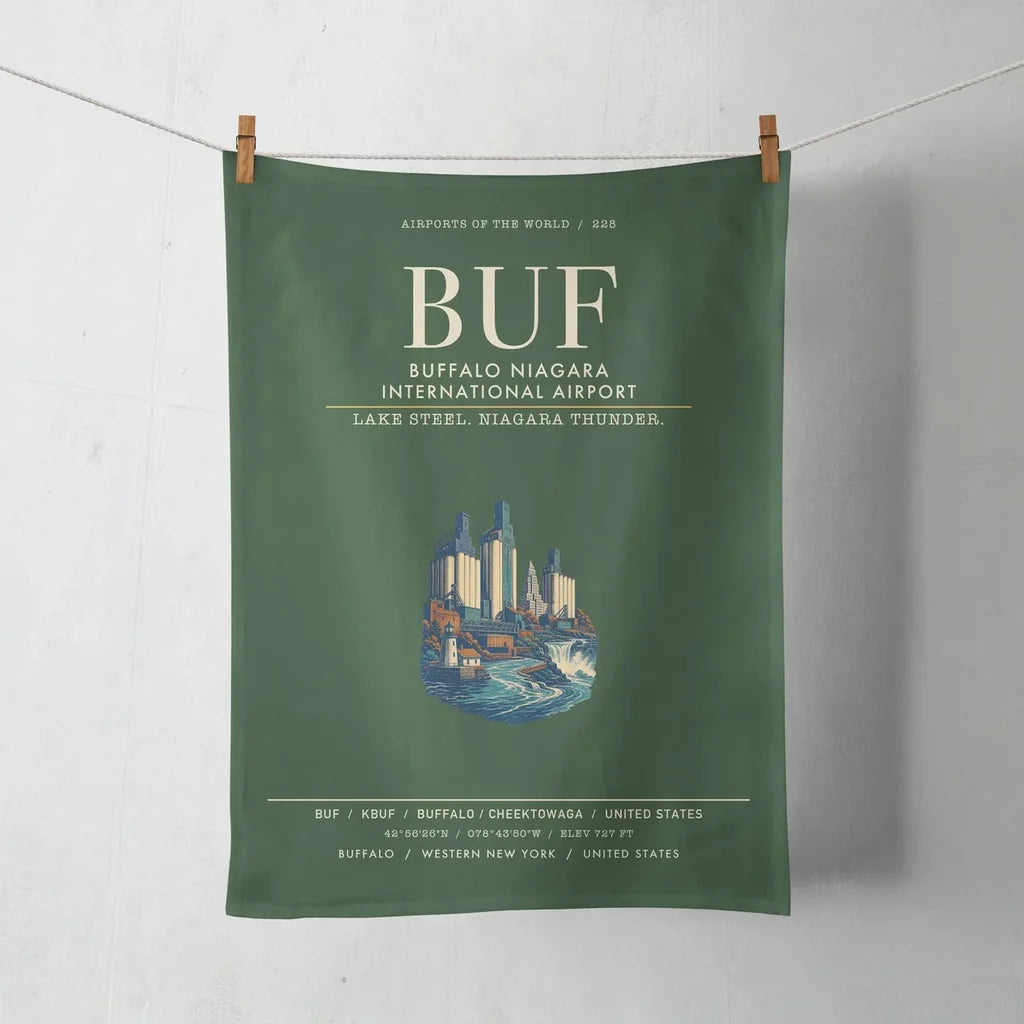 Buffalo Niagara International Airport (BUF) design on dark green towel
