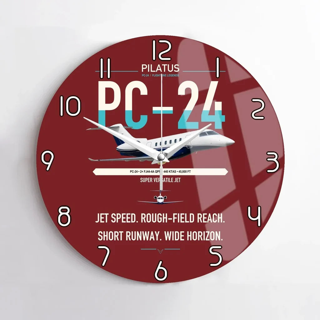 Pilatus PC-24 design on dark red no frame wall clock
