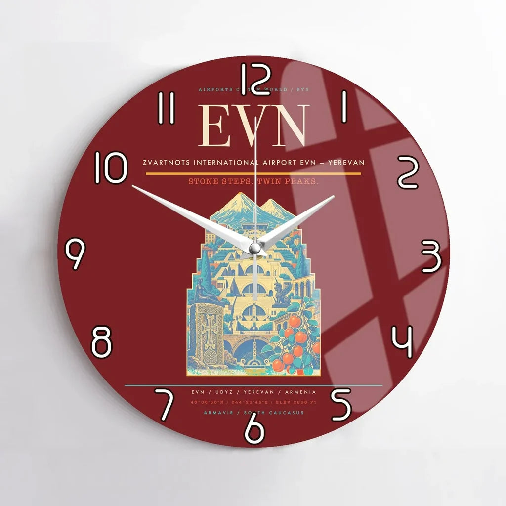Zvartnots International Airport (EVN) design on dark red no frame wall clock