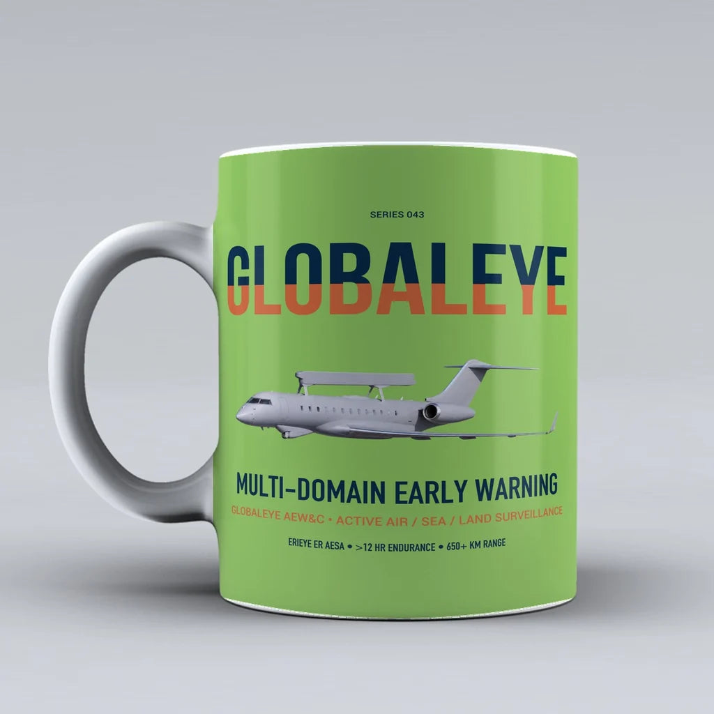 Saab GlobalEye design on light green ceramic mug, double-side print
