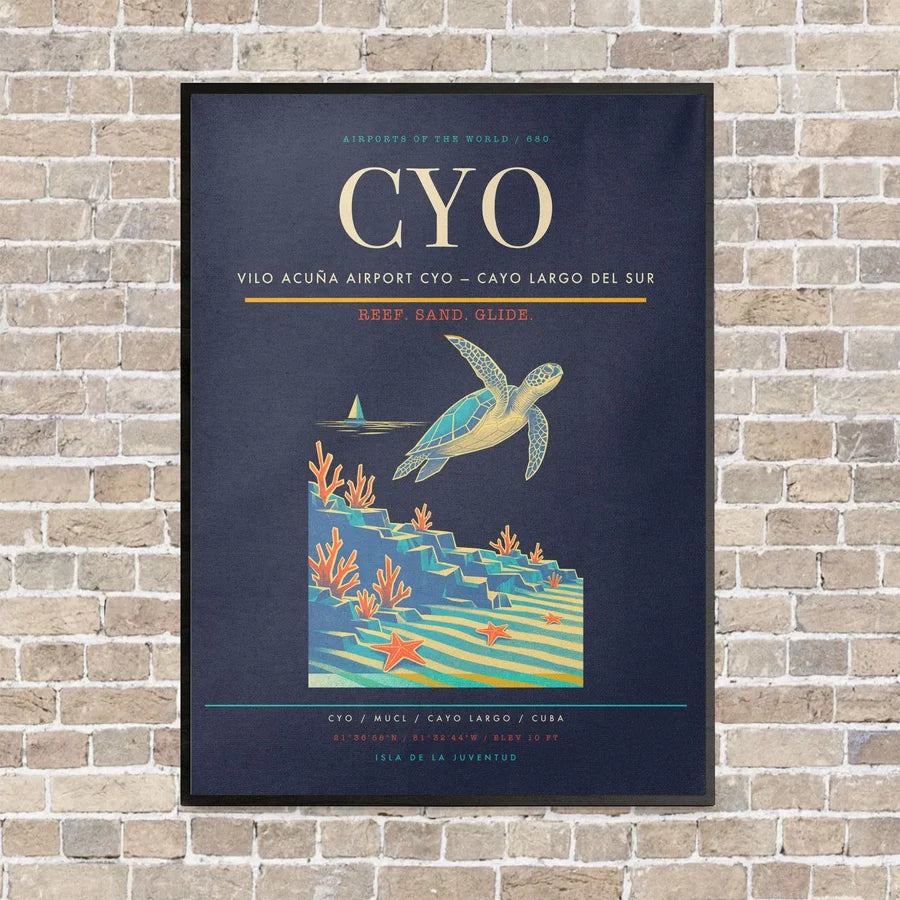 Vilo Acuña Airport CYO — Cayo Largo del Sur vertical canvas print - framed - navy blue background